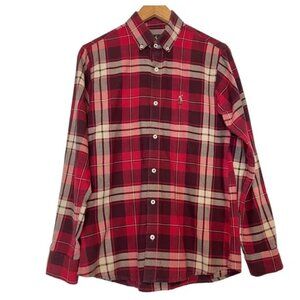Ralph Lauren Mens Button Down Shirt Oxford Red Plaid Flesh Pony fits like Medium